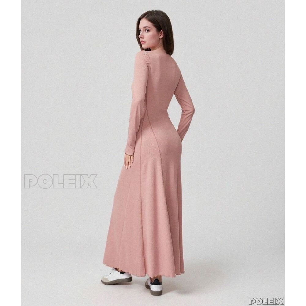 Halara Stunning Maxi Dress with Flare Hem Ribbed Lettuce Edge Long Sleeve S NWT - Picture 2 of 15
